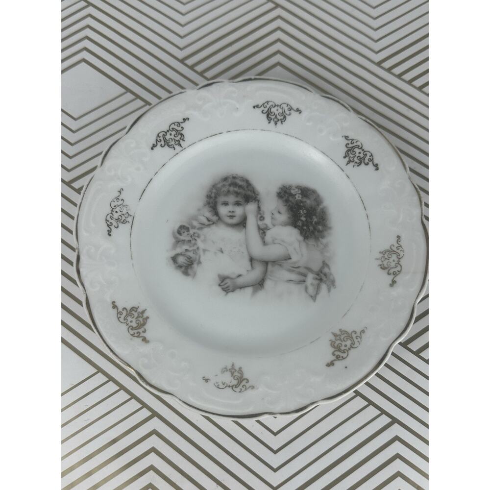 Antique Bavaria Little Girls Portrait Transferware Plate Gold Scalloped Trim 6"